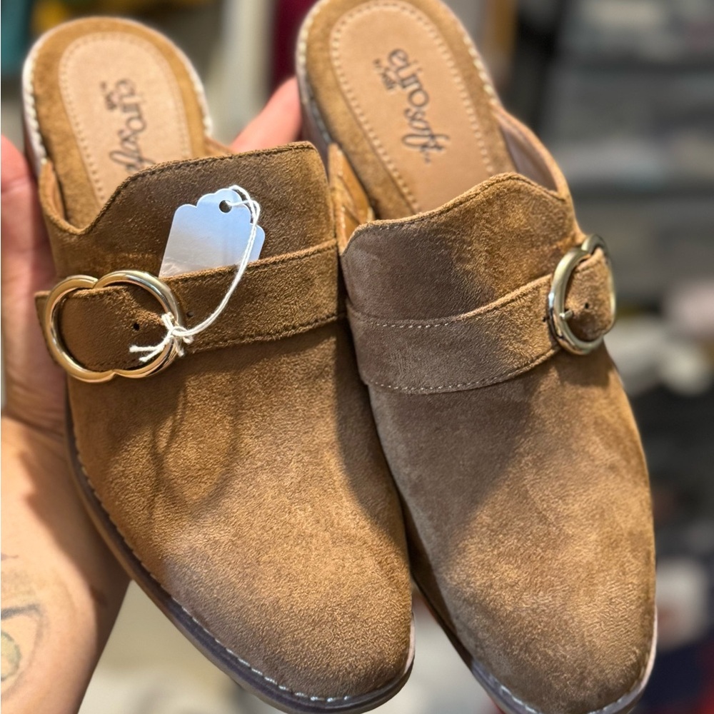 Eurosoft Tan Suede Mule Clogs with Gold Buckle